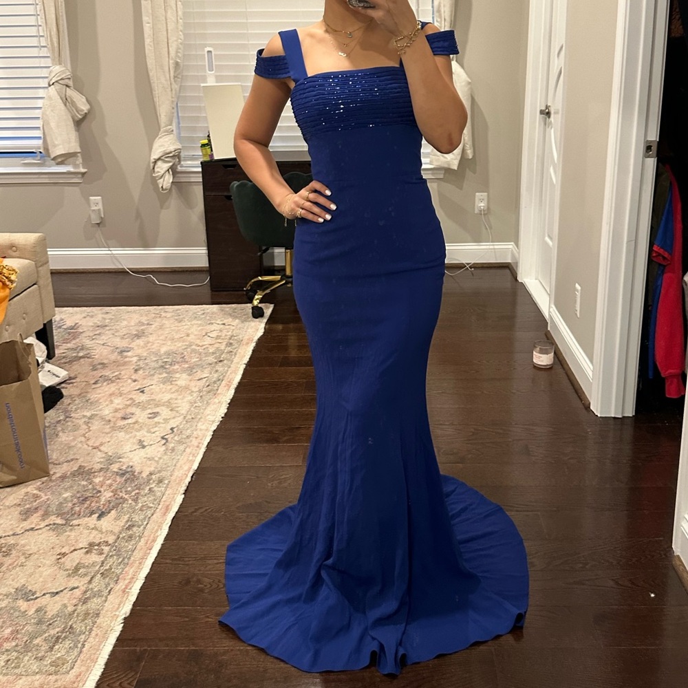 Blue beaded evening gown